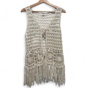 Boho Crochet Fringe Vest Open Knit Floral One Size